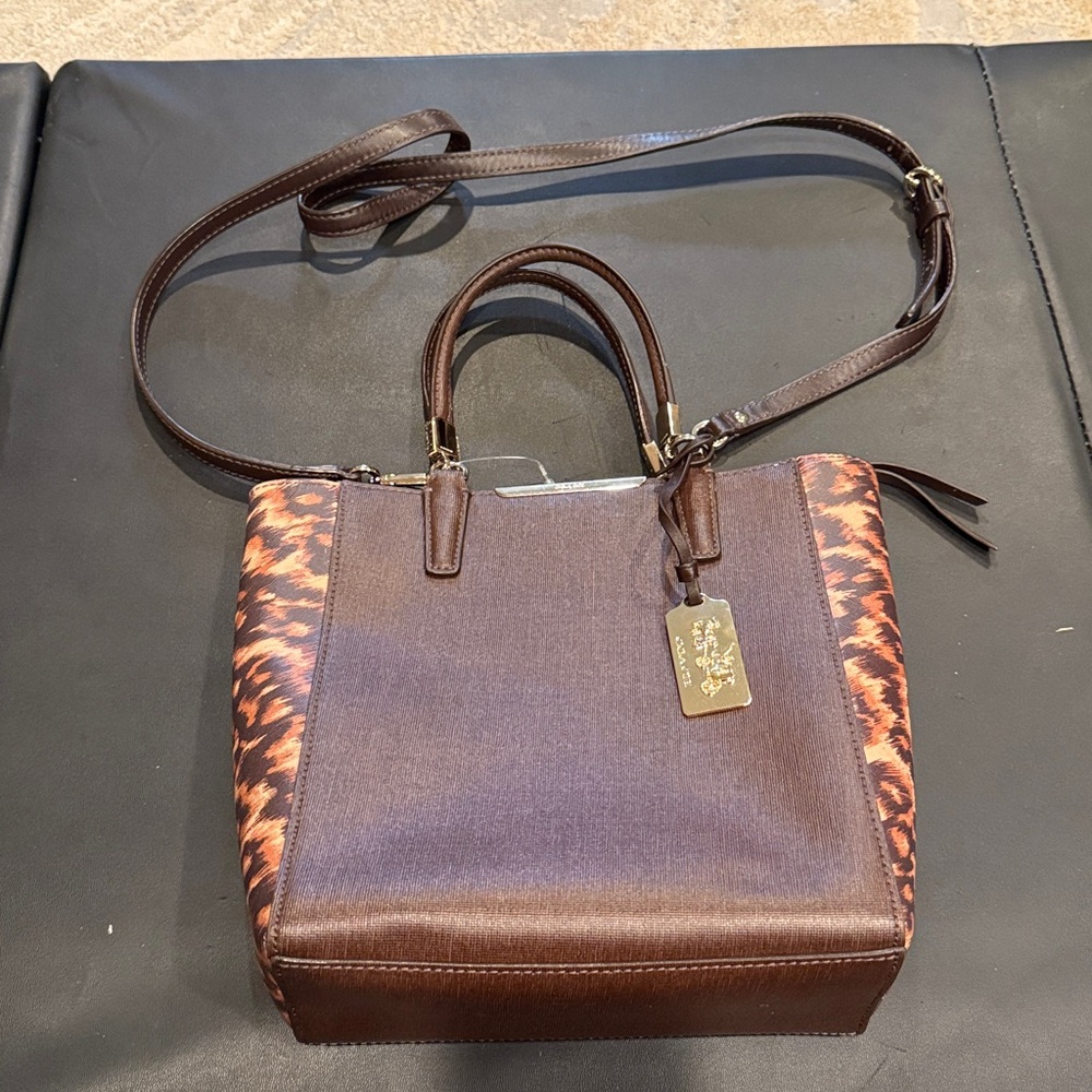 Coach Madison Colorblock Saffiano Medium brown with gold and animal print bag